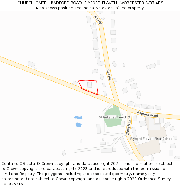 CHURCH GARTH, RADFORD ROAD, FLYFORD FLAVELL, WORCESTER, WR7 4BS: Location map and indicative extent of plot