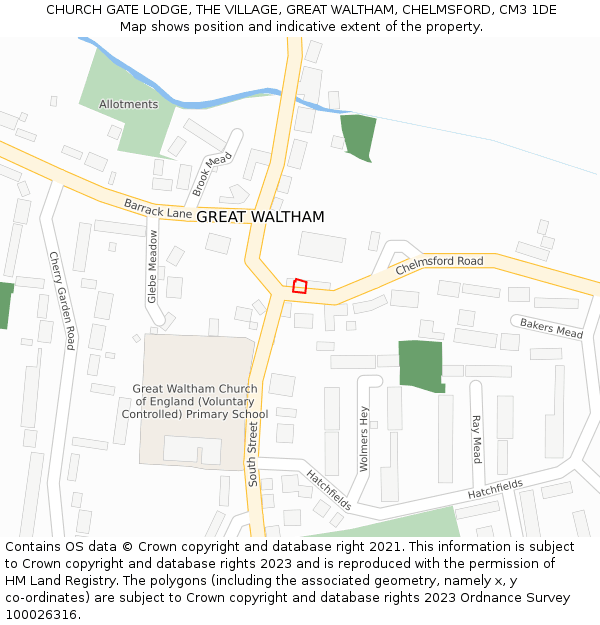 CHURCH GATE LODGE, THE VILLAGE, GREAT WALTHAM, CHELMSFORD, CM3 1DE: Location map and indicative extent of plot