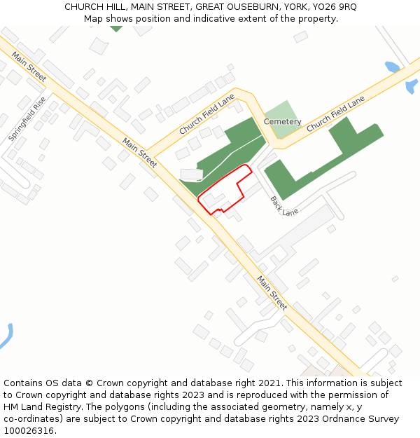 CHURCH HILL, MAIN STREET, GREAT OUSEBURN, YORK, YO26 9RQ: Location map and indicative extent of plot