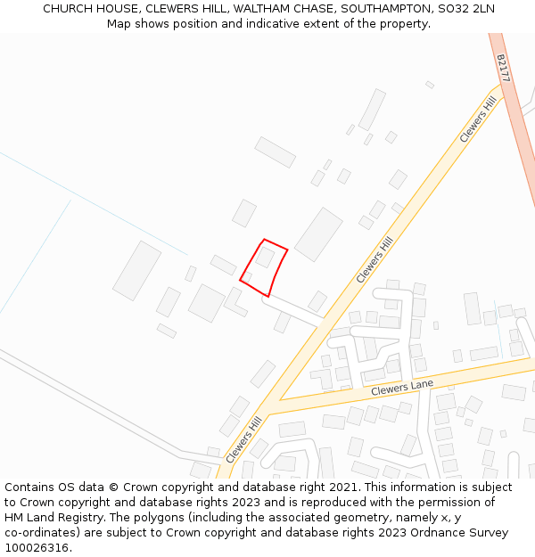 CHURCH HOUSE, CLEWERS HILL, WALTHAM CHASE, SOUTHAMPTON, SO32 2LN: Location map and indicative extent of plot