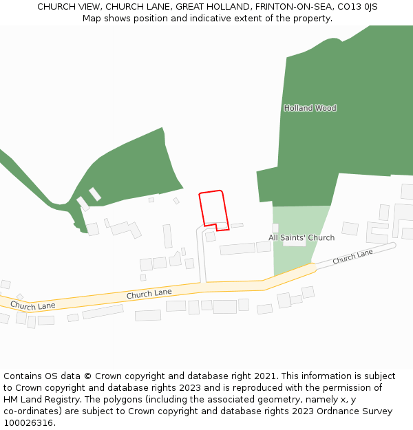 CHURCH VIEW, CHURCH LANE, GREAT HOLLAND, FRINTON-ON-SEA, CO13 0JS: Location map and indicative extent of plot