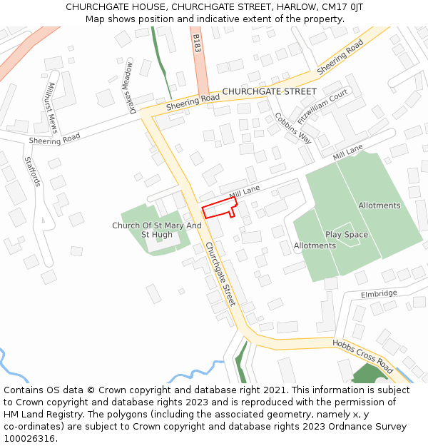 CHURCHGATE HOUSE, CHURCHGATE STREET, HARLOW, CM17 0JT: Location map and indicative extent of plot