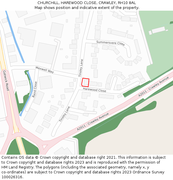 CHURCHILL, HAREWOOD CLOSE, CRAWLEY, RH10 8AL: Location map and indicative extent of plot