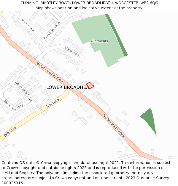 CHYMING, MARTLEY ROAD, LOWER BROADHEATH, WORCESTER, WR2 6QG: Location map and indicative extent of plot
