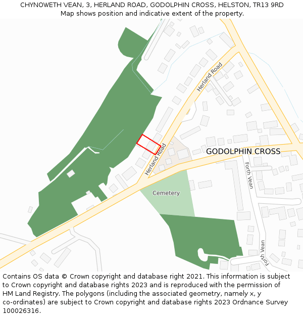 CHYNOWETH VEAN, 3, HERLAND ROAD, GODOLPHIN CROSS, HELSTON, TR13 9RD: Location map and indicative extent of plot