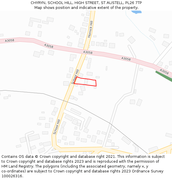 CHYRYN, SCHOOL HILL, HIGH STREET, ST AUSTELL, PL26 7TP: Location map and indicative extent of plot