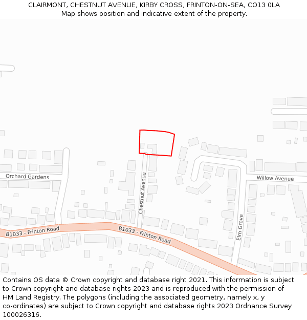 CLAIRMONT, CHESTNUT AVENUE, KIRBY CROSS, FRINTON-ON-SEA, CO13 0LA: Location map and indicative extent of plot