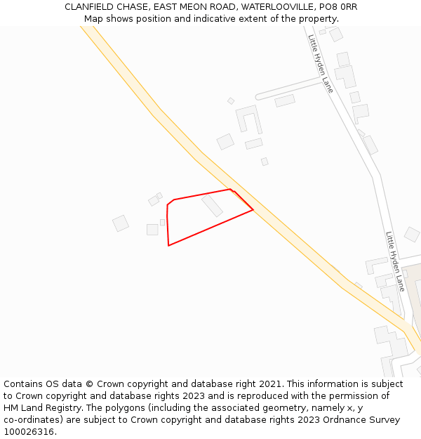 CLANFIELD CHASE, EAST MEON ROAD, WATERLOOVILLE, PO8 0RR: Location map and indicative extent of plot
