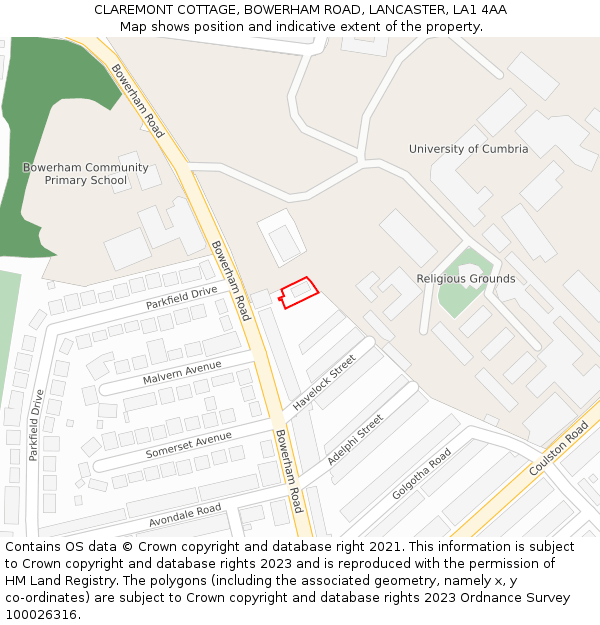 CLAREMONT COTTAGE, BOWERHAM ROAD, LANCASTER, LA1 4AA: Location map and indicative extent of plot