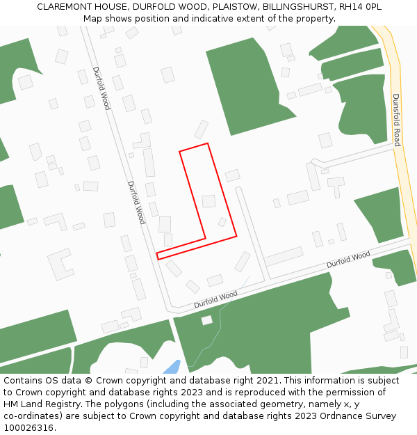 CLAREMONT HOUSE, DURFOLD WOOD, PLAISTOW, BILLINGSHURST, RH14 0PL: Location map and indicative extent of plot