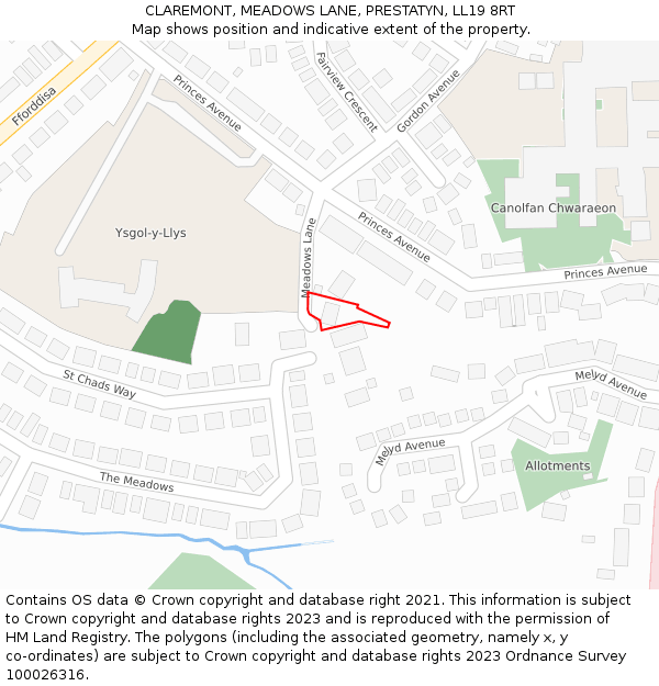 CLAREMONT, MEADOWS LANE, PRESTATYN, LL19 8RT: Location map and indicative extent of plot