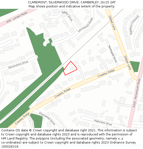 CLAREMONT, SILVERWOOD DRIVE, CAMBERLEY, GU15 2AT: Location map and indicative extent of plot