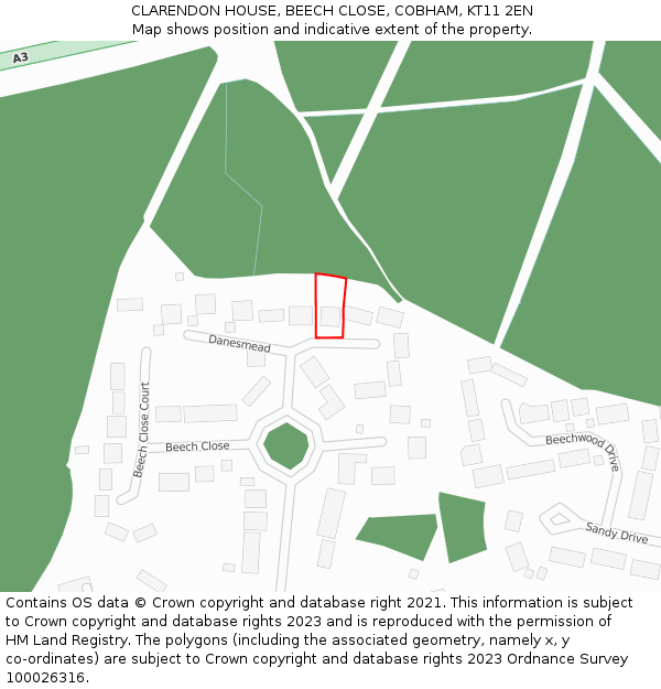 CLARENDON HOUSE, BEECH CLOSE, COBHAM, KT11 2EN: Location map and indicative extent of plot