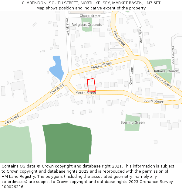 CLARENDON, SOUTH STREET, NORTH KELSEY, MARKET RASEN, LN7 6ET: Location map and indicative extent of plot