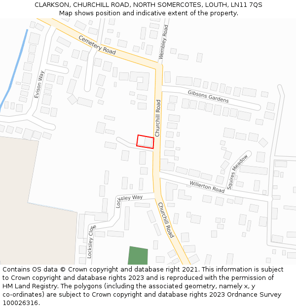 CLARKSON, CHURCHILL ROAD, NORTH SOMERCOTES, LOUTH, LN11 7QS: Location map and indicative extent of plot