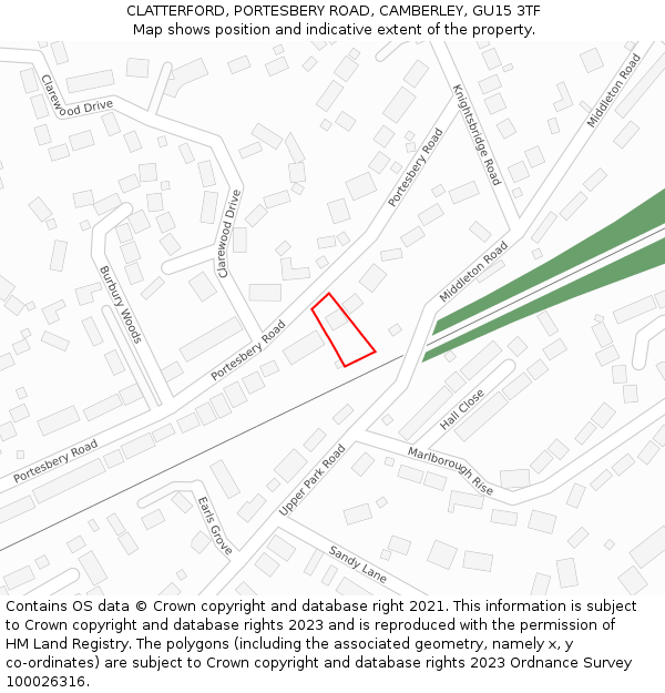 CLATTERFORD, PORTESBERY ROAD, CAMBERLEY, GU15 3TF: Location map and indicative extent of plot