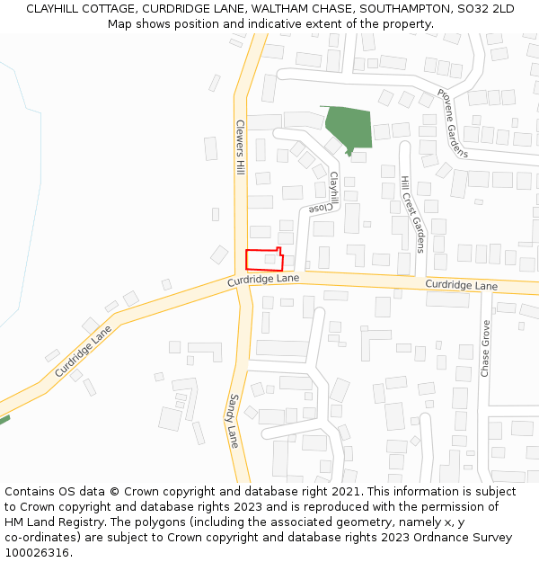 CLAYHILL COTTAGE, CURDRIDGE LANE, WALTHAM CHASE, SOUTHAMPTON, SO32 2LD: Location map and indicative extent of plot