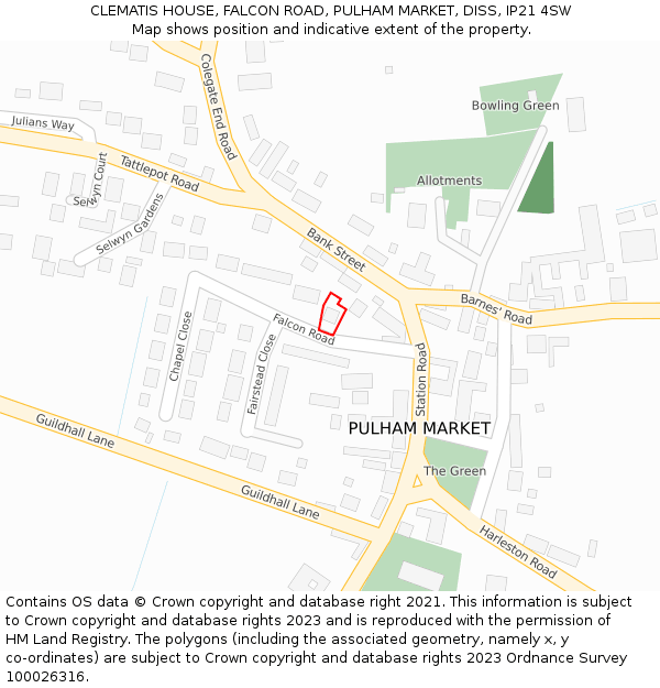 CLEMATIS HOUSE, FALCON ROAD, PULHAM MARKET, DISS, IP21 4SW: Location map and indicative extent of plot