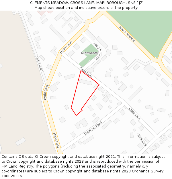 CLEMENTS MEADOW, CROSS LANE, MARLBOROUGH, SN8 1JZ: Location map and indicative extent of plot