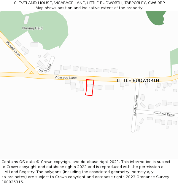 CLEVELAND HOUSE, VICARAGE LANE, LITTLE BUDWORTH, TARPORLEY, CW6 9BP: Location map and indicative extent of plot