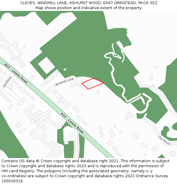 CLEVES, WINDMILL LANE, ASHURST WOOD, EAST GRINSTEAD, RH19 3SZ: Location map and indicative extent of plot