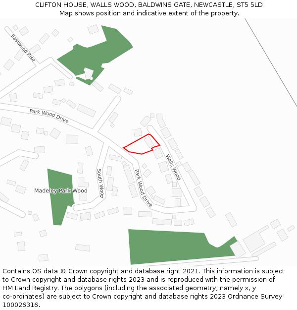 CLIFTON HOUSE, WALLS WOOD, BALDWINS GATE, NEWCASTLE, ST5 5LD: Location map and indicative extent of plot