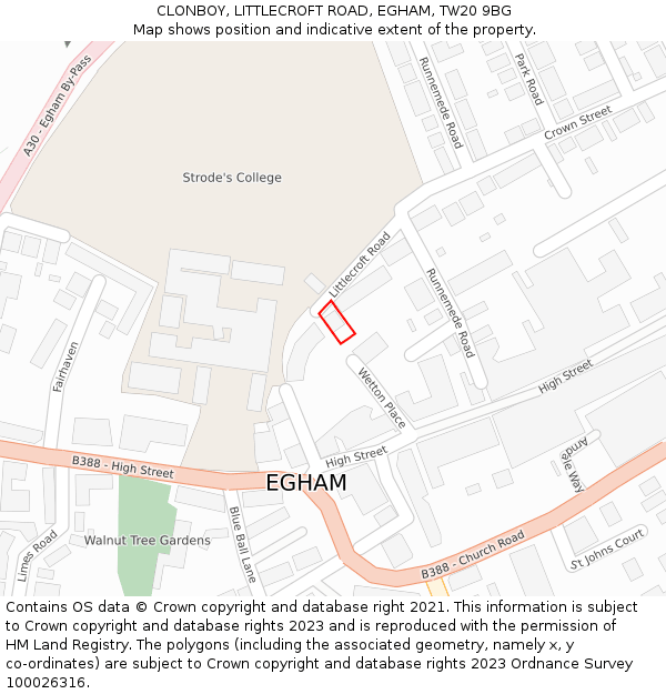 CLONBOY, LITTLECROFT ROAD, EGHAM, TW20 9BG: Location map and indicative extent of plot