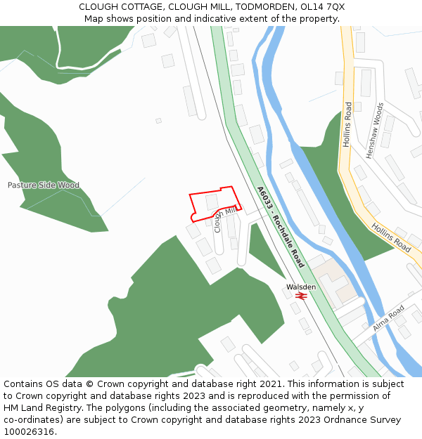 CLOUGH COTTAGE, CLOUGH MILL, TODMORDEN, OL14 7QX: Location map and indicative extent of plot