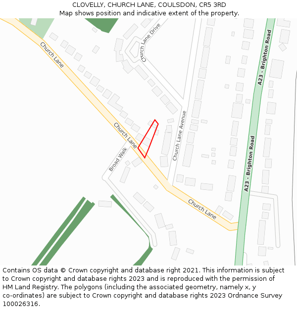 CLOVELLY, CHURCH LANE, COULSDON, CR5 3RD: Location map and indicative extent of plot