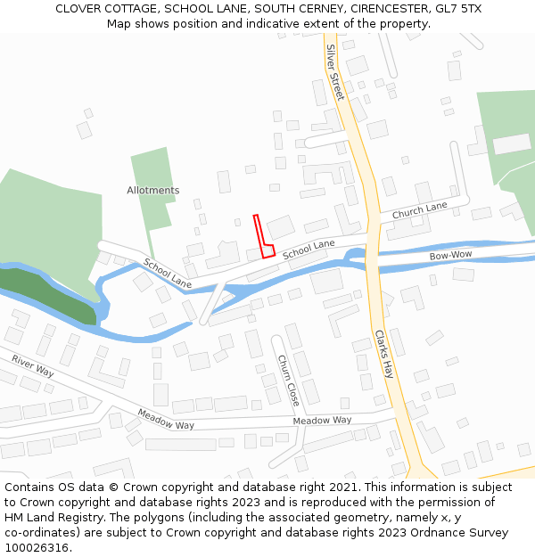 CLOVER COTTAGE, SCHOOL LANE, SOUTH CERNEY, CIRENCESTER, GL7 5TX: Location map and indicative extent of plot