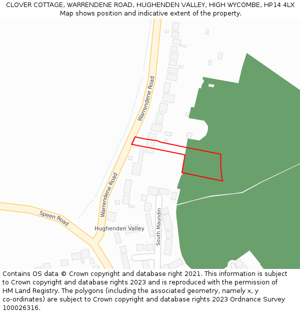 CLOVER COTTAGE, WARRENDENE ROAD, HUGHENDEN VALLEY, HIGH WYCOMBE, HP14 4LX: Location map and indicative extent of plot