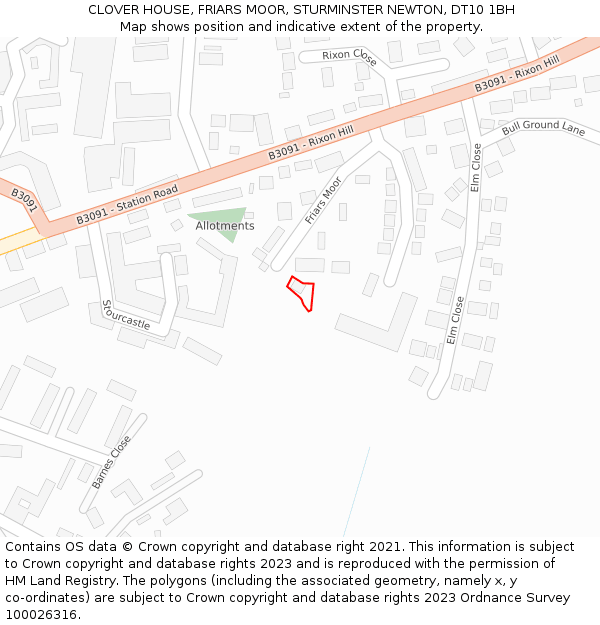 CLOVER HOUSE, FRIARS MOOR, STURMINSTER NEWTON, DT10 1BH: Location map and indicative extent of plot
