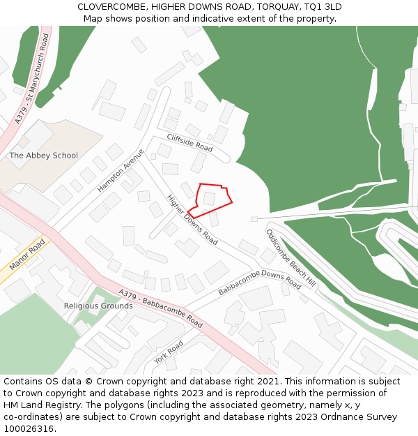 CLOVERCOMBE, HIGHER DOWNS ROAD, TORQUAY, TQ1 3LD: Location map and indicative extent of plot