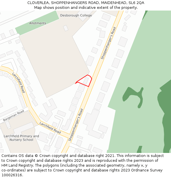 CLOVERLEA, SHOPPENHANGERS ROAD, MAIDENHEAD, SL6 2QA: Location map and indicative extent of plot