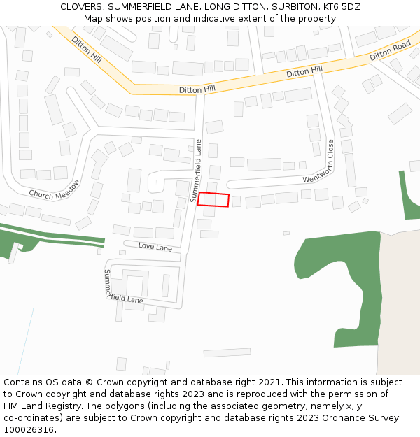 CLOVERS, SUMMERFIELD LANE, LONG DITTON, SURBITON, KT6 5DZ: Location map and indicative extent of plot