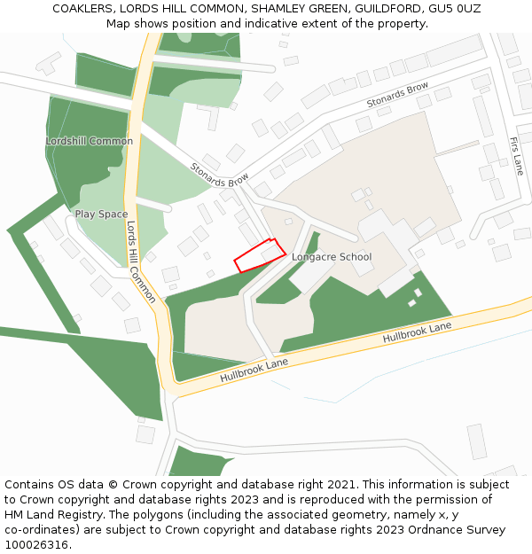COAKLERS, LORDS HILL COMMON, SHAMLEY GREEN, GUILDFORD, GU5 0UZ: Location map and indicative extent of plot