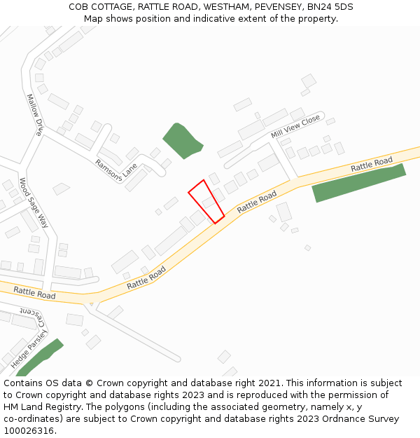 COB COTTAGE, RATTLE ROAD, WESTHAM, PEVENSEY, BN24 5DS: Location map and indicative extent of plot