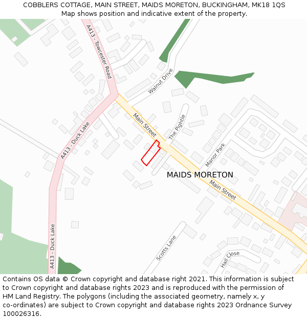 COBBLERS COTTAGE, MAIN STREET, MAIDS MORETON, BUCKINGHAM, MK18 1QS: Location map and indicative extent of plot