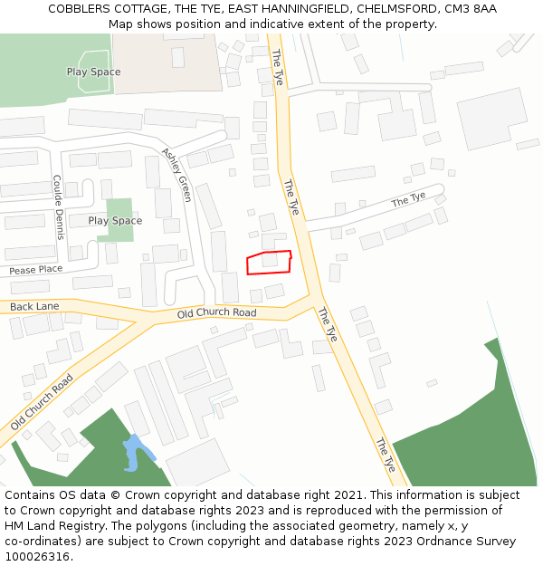 COBBLERS COTTAGE, THE TYE, EAST HANNINGFIELD, CHELMSFORD, CM3 8AA: Location map and indicative extent of plot