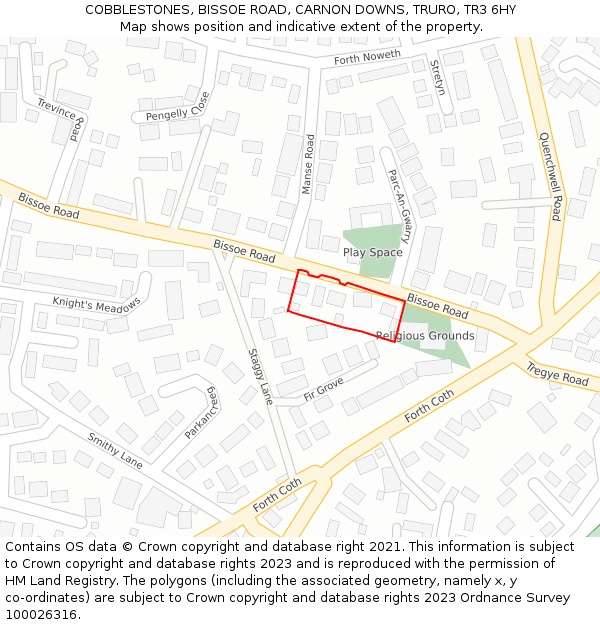 COBBLESTONES, BISSOE ROAD, CARNON DOWNS, TRURO, TR3 6HY: Location map and indicative extent of plot