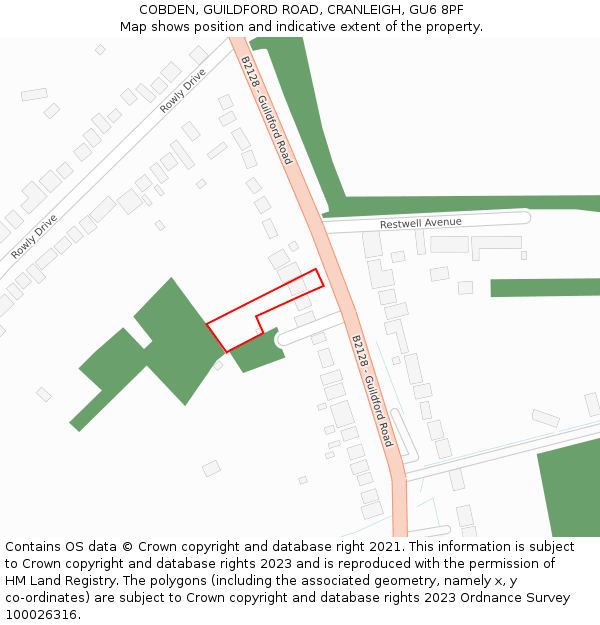 COBDEN, GUILDFORD ROAD, CRANLEIGH, GU6 8PF: Location map and indicative extent of plot