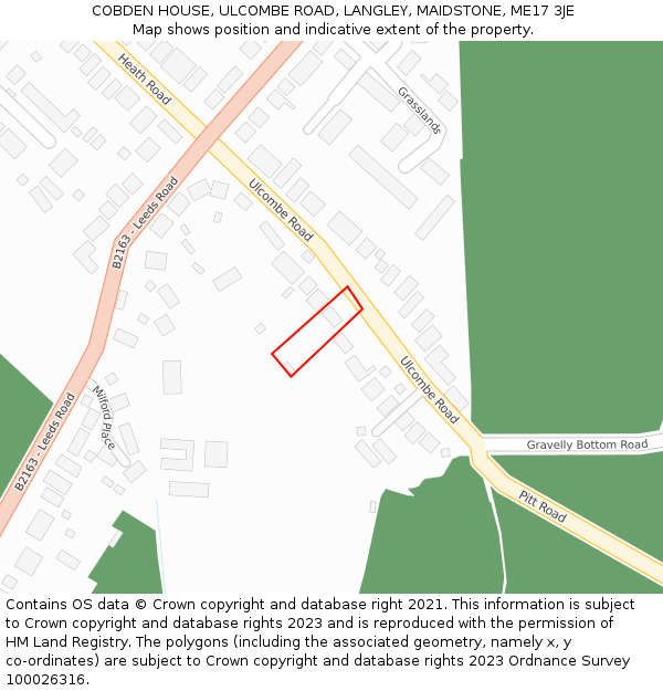 COBDEN HOUSE, ULCOMBE ROAD, LANGLEY, MAIDSTONE, ME17 3JE: Location map and indicative extent of plot