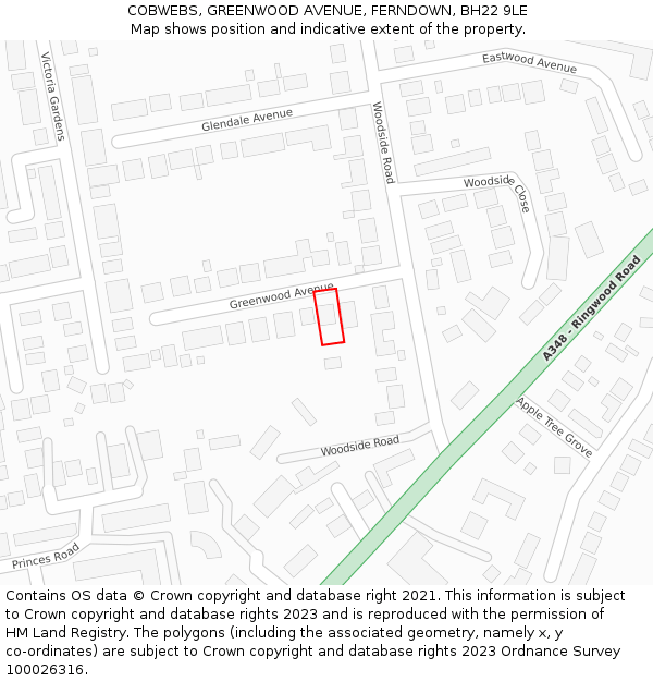 COBWEBS, GREENWOOD AVENUE, FERNDOWN, BH22 9LE: Location map and indicative extent of plot