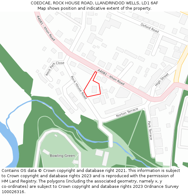 COEDCAE, ROCK HOUSE ROAD, LLANDRINDOD WELLS, LD1 6AF: Location map and indicative extent of plot