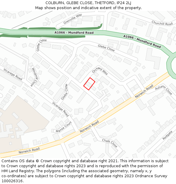COLBURN, GLEBE CLOSE, THETFORD, IP24 2LJ: Location map and indicative extent of plot