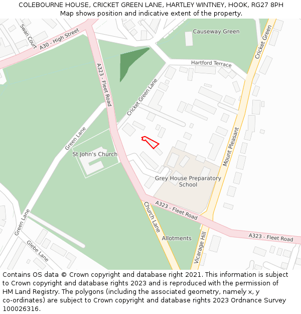 COLEBOURNE HOUSE, CRICKET GREEN LANE, HARTLEY WINTNEY, HOOK, RG27 8PH: Location map and indicative extent of plot