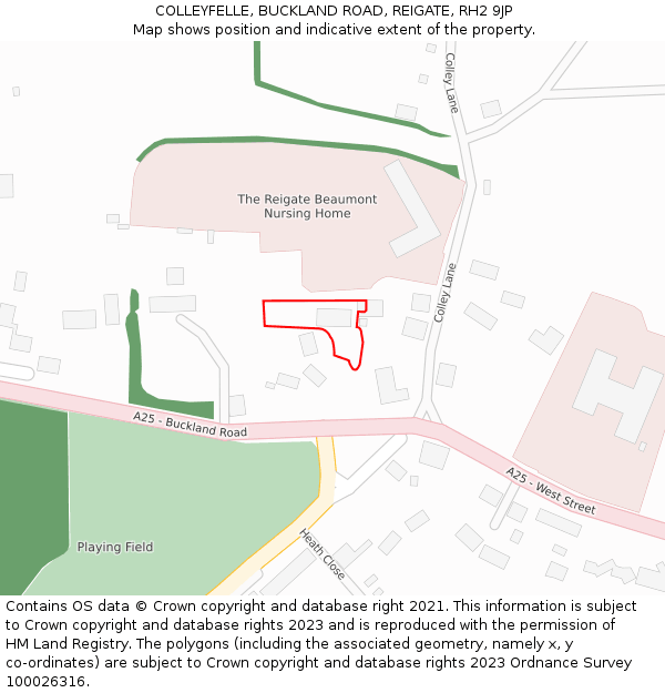COLLEYFELLE, BUCKLAND ROAD, REIGATE, RH2 9JP: Location map and indicative extent of plot