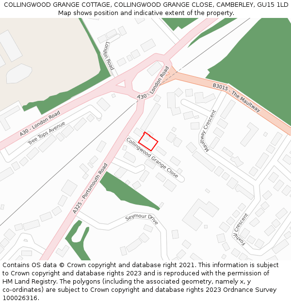 COLLINGWOOD GRANGE COTTAGE, COLLINGWOOD GRANGE CLOSE, CAMBERLEY, GU15 1LD: Location map and indicative extent of plot