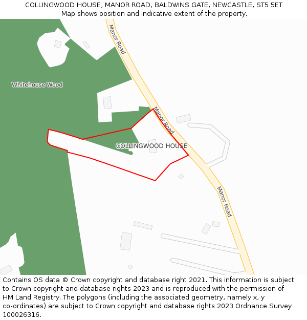 COLLINGWOOD HOUSE, MANOR ROAD, BALDWINS GATE, NEWCASTLE, ST5 5ET: Location map and indicative extent of plot