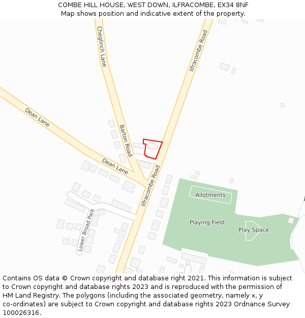 COMBE HILL HOUSE, WEST DOWN, ILFRACOMBE, EX34 8NF: Location map and indicative extent of plot